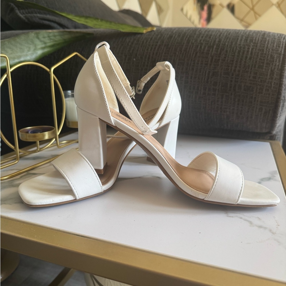 Dominique White Block Heel Sandals with Ankle Strap